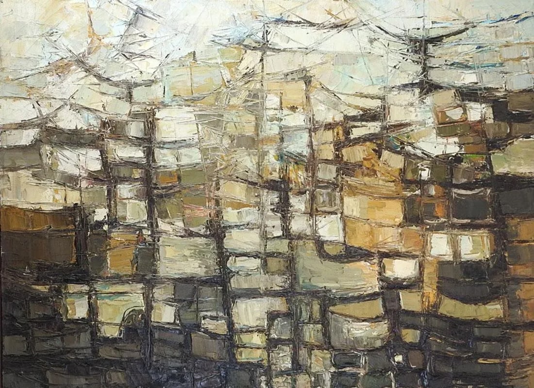 Mid 20th Century Modern Abstract Olive and Cream Painting - 2