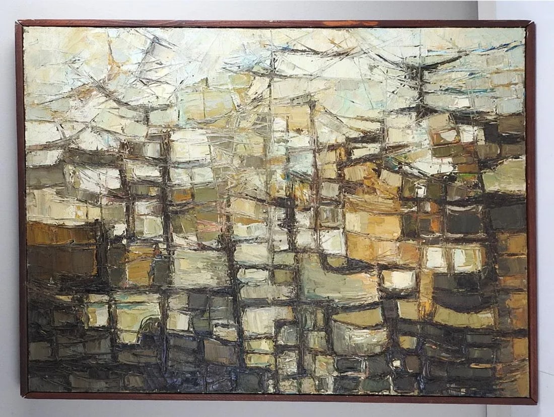 Mid 20th Century Modern Abstract Olive and Cream Painting - 4
