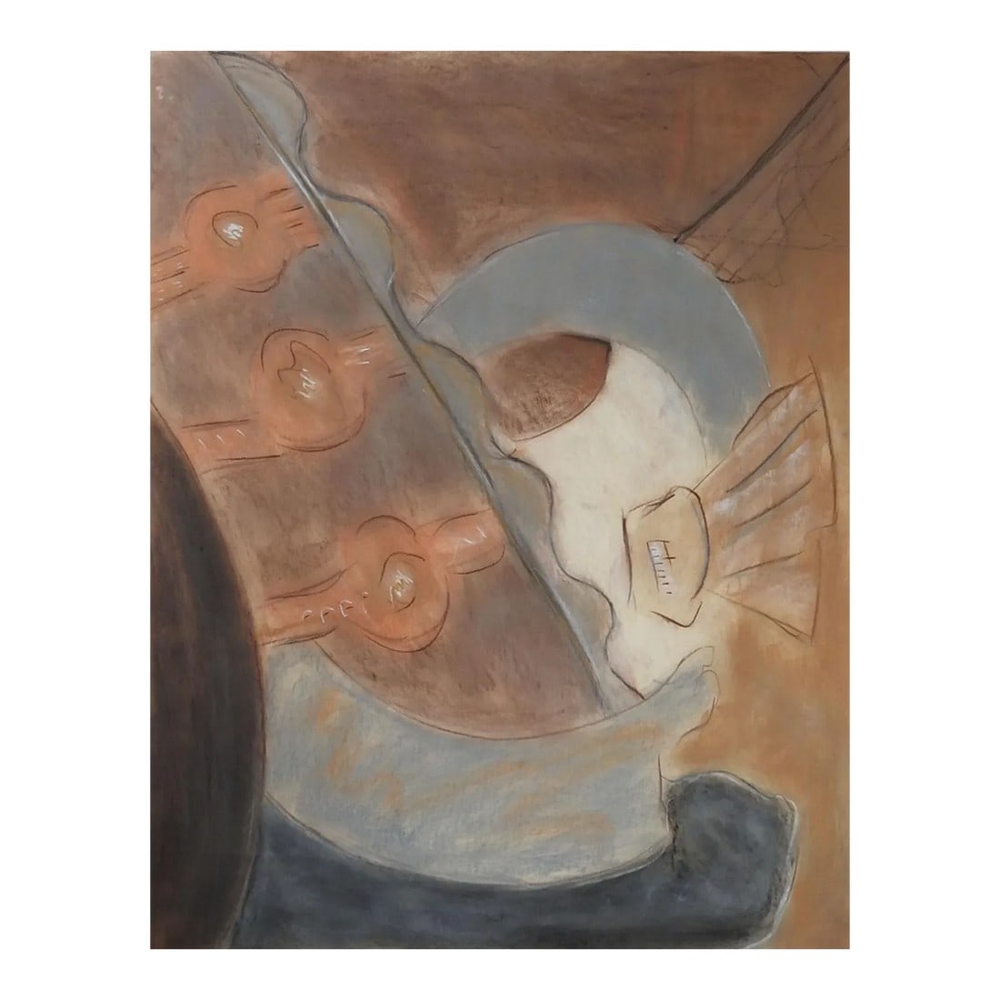 Abstract Terra Cotta and Gray Pastel Painting: Abstract pastel on paper painting in grays and terra cotta. Unsigned. Unframed, will ship rolled. Condition: Alterations: Original Condition Unaltered Imperfections: Some Imperfections Condition