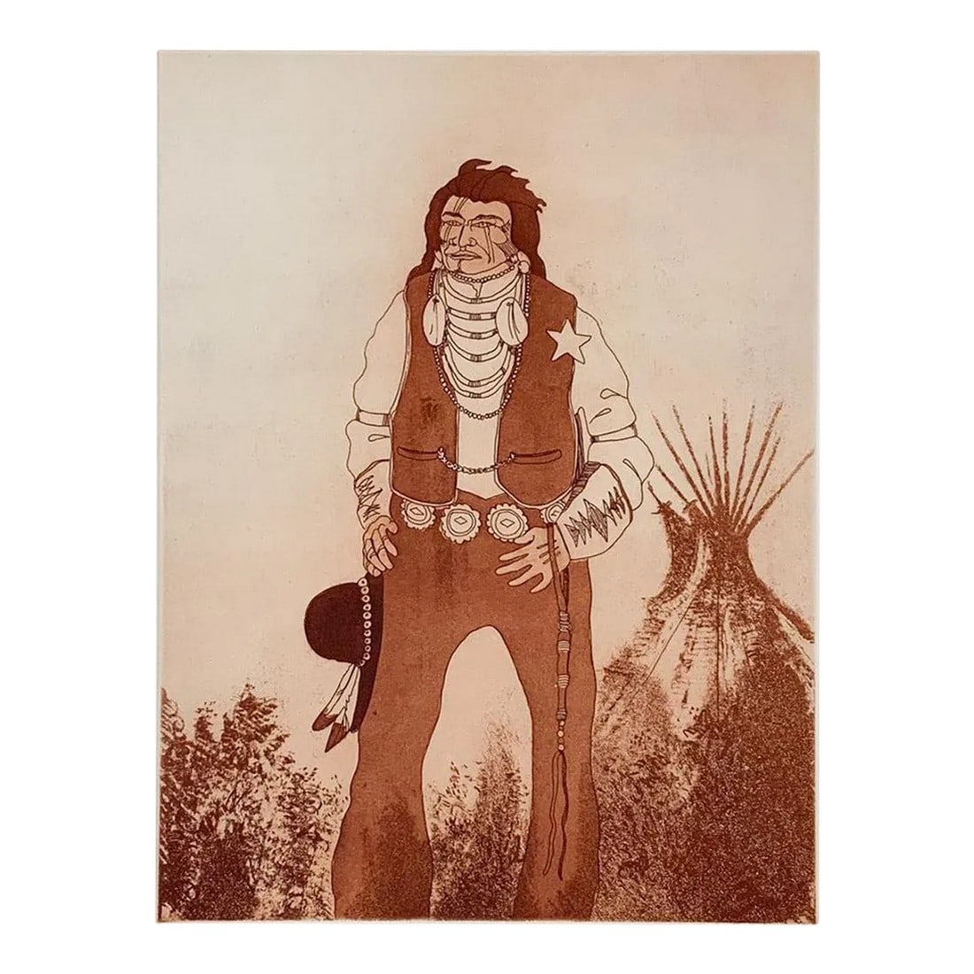 1980 Kevin Red Star Native American Crow Res Cop II Sepia Tone Etching: 1980 etching on paper by Kevin Red Star (b. 1943) Montana, Crow tribe, titled Crow Res Cop II. Signed, titled and numbered XIV/XV in pencil along lower margin. Unframed, image size 8.75" x 11.75",