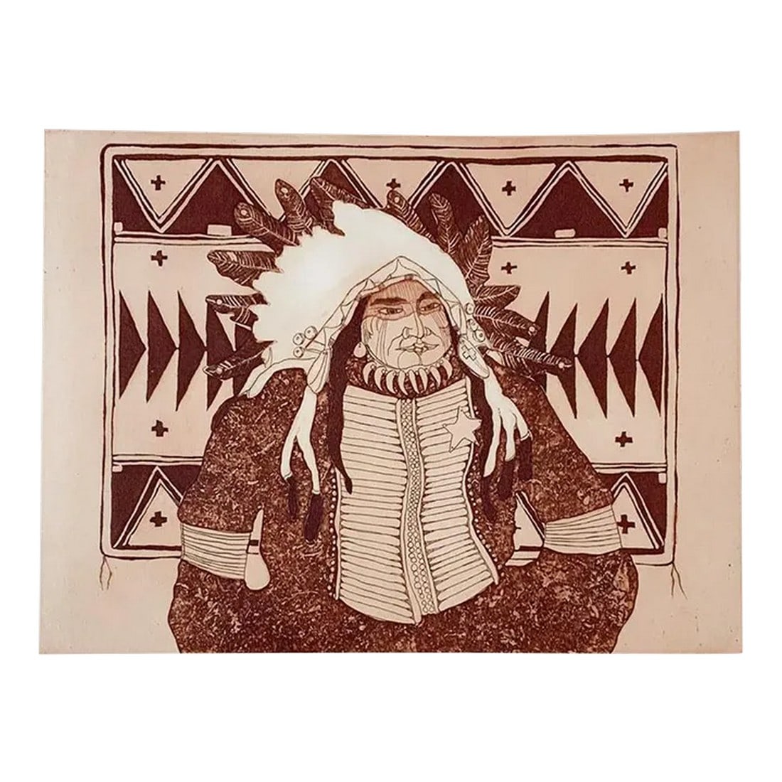 1980 Kevin Red Star Native American Crow Res Cop I Sepia Tone Etching: 1980 etching on paper by Kevin Red Star (b. 1943) Montana, Crow tribe, titled Crow Res Cop I. Signed, titled and numbered XIV/XV in pencil along lower margin. Unframed, image size 9" x 11.75",