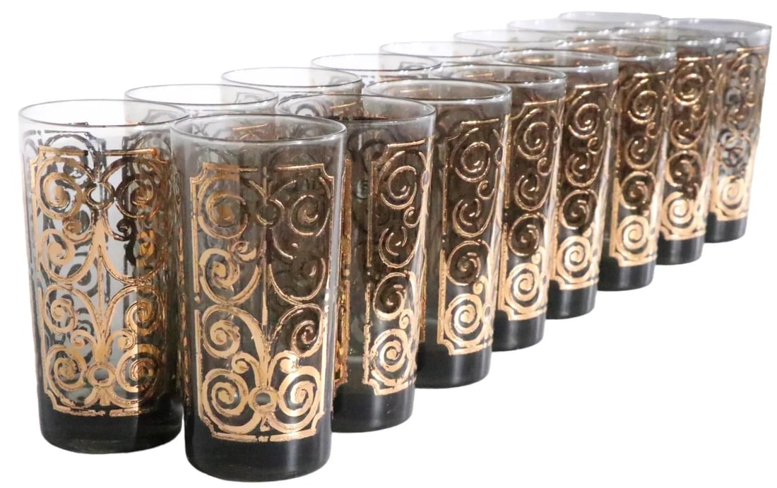 16 pc.Lot Gold Decorated Hollywood Regency Tumbler Glasses by Georges Briard C 1970's - 2