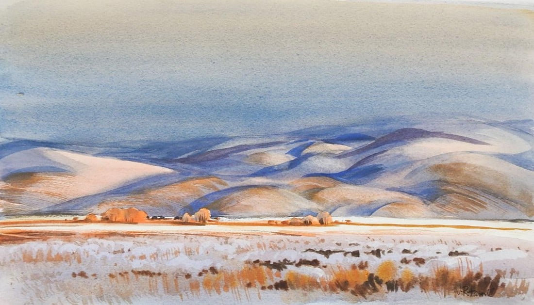 Vintage James Hamil Prairie Foothills Winter Landscape Watercolor Painting: Vintage late 20th century watercolor on artist board early evening prairie foothills landscape painting by James R. Hamil (1937 - 2022) Missouri, Kansas. Signed lower right corner. Unframed. 