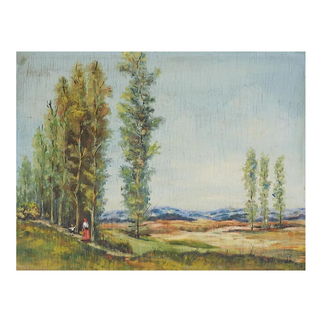 Vintage Continental Impressionist Landscape Painting: Vintage mid 20th century impressionist continental school oil on wood panel landscape with figures painting. Signed Ulver lower right corner, pencil notations on verso. Unframed, overall craquelure