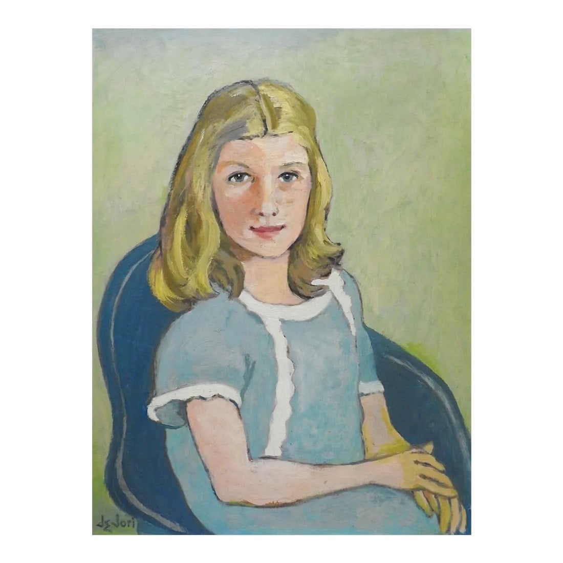 Vintage Mid 20th Century Portrait of Girl in Blue Dress Painting: Vintage mid 20th century oil on thick artist board portrait of young blonde girl in blue dress. Signed dejori lower left corner. Unframed, edge wear. Condition: Alterations: Original Condition
