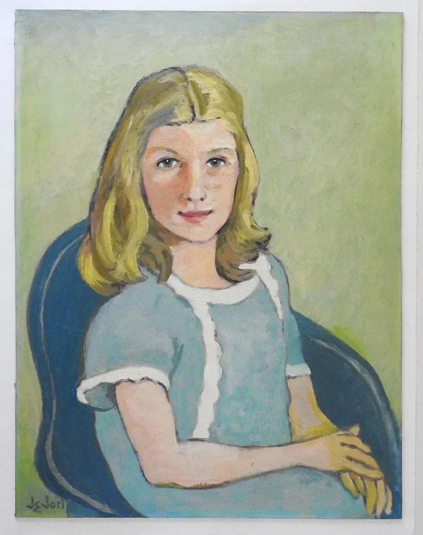 Vintage Mid 20th Century Portrait of Girl in Blue Dress Painting - 3