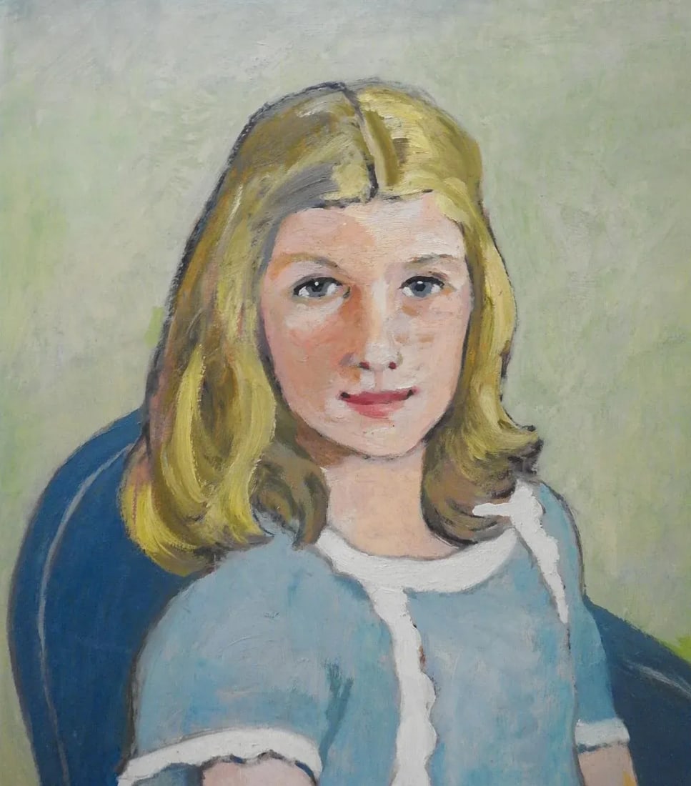 Vintage Mid 20th Century Portrait of Girl in Blue Dress Painting - 4