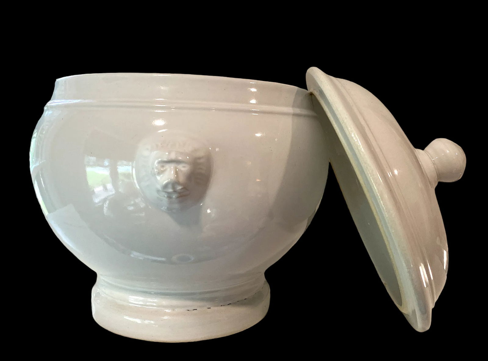 Antique French White Ironstone Tureen Lion Face Handles and Lid - 3