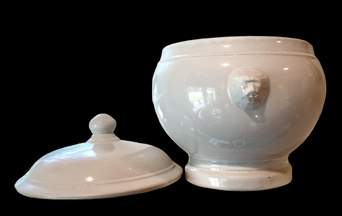 Antique French White Ironstone Tureen Lion Face Handles and Lid - 4