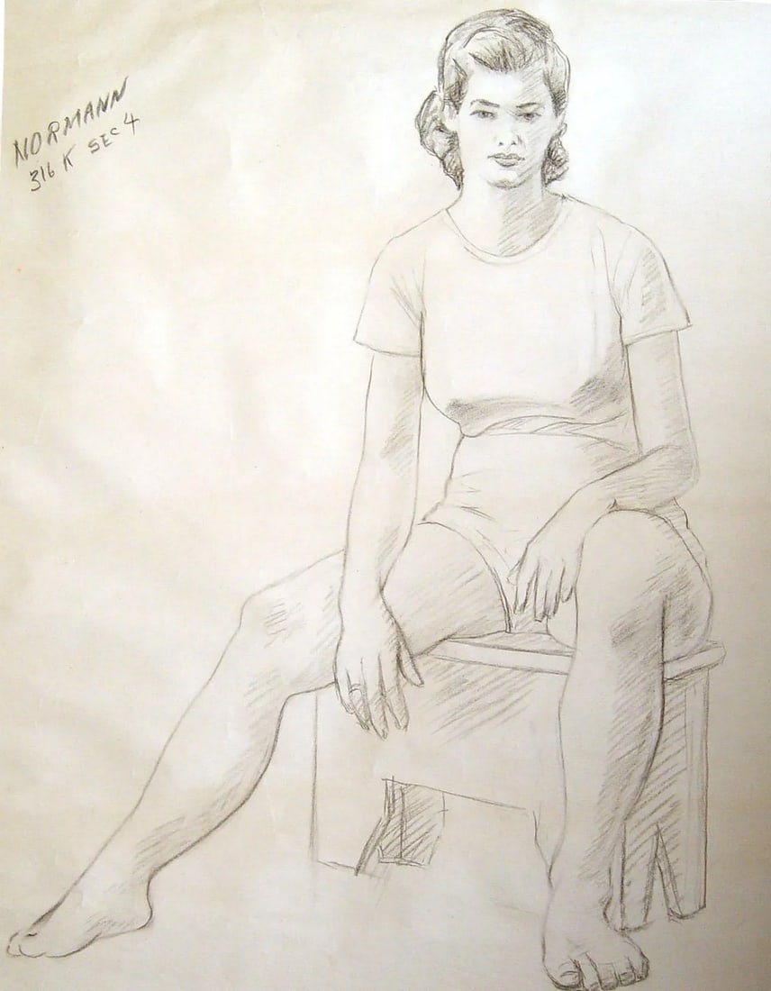 1950s Seated Charcoal Figural Study: Charcoal seated figural study by Charles Berkeley Normann (1903-1985)from Texas and Norway, signed upper left, circa 1950s. Unframed, displayed with black mat & backing. Opening size, 22"L x 17"W.