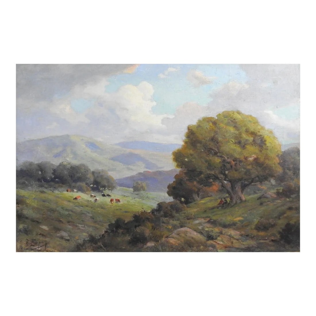 Vintage Angel Espoy Pastoral Landscape Painting: Vintage early 20th century oil on canvas pastoral landscape with cows and figures by Angel De Service Espoy (1879 - 1963) California. Signed lower left corner. Unframed, has been professionally