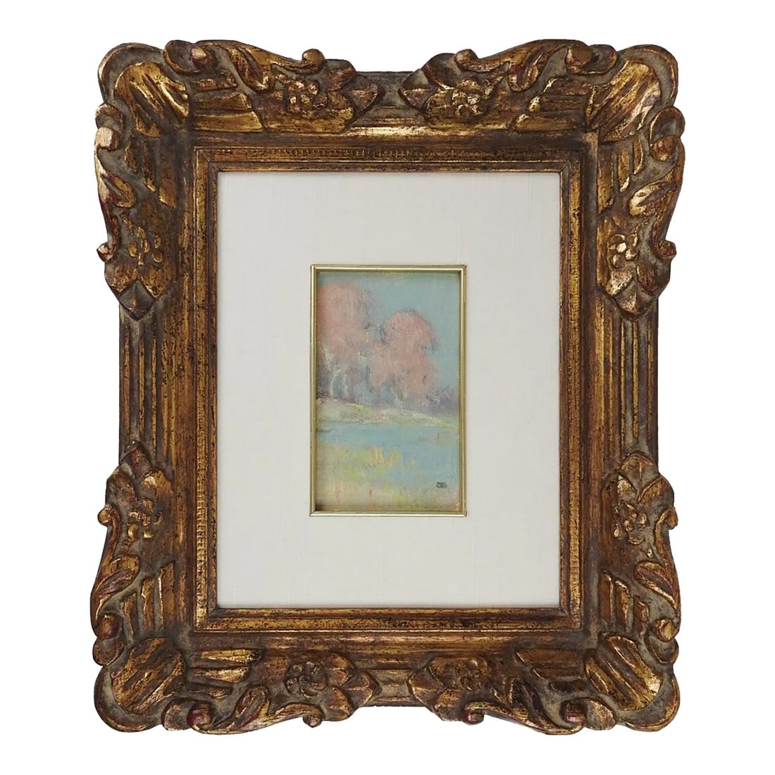 Small Vintage 1933 Dawson Dawson Watson Impressionist Landscape Painting: Vintage Dawson Dawson-Watson small oil on canvas landscape in pinks and blues. Artist monogram lower right corner, signature and date in pencil on verso of original mat. Listed in the 