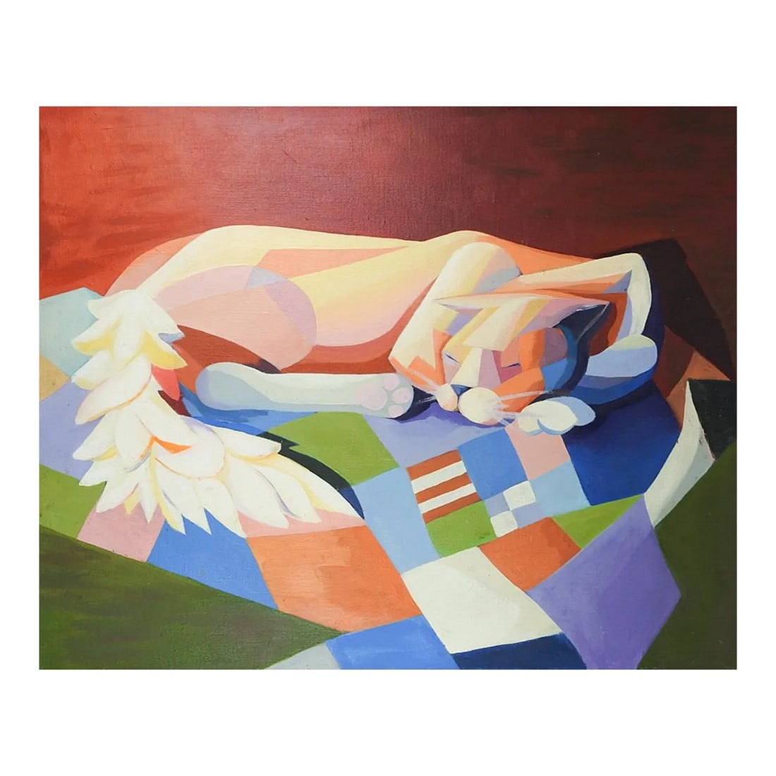 Large Contemporary Abstract Cubist Cat on Quilt Painting: Late 20th century acrylic on canvas abstract cubist sleeping can on quilt painting. Unsigned. Unframed gallery wrap, edge wear. Condition: Alterations: Original Condition Unaltered Imperfections: