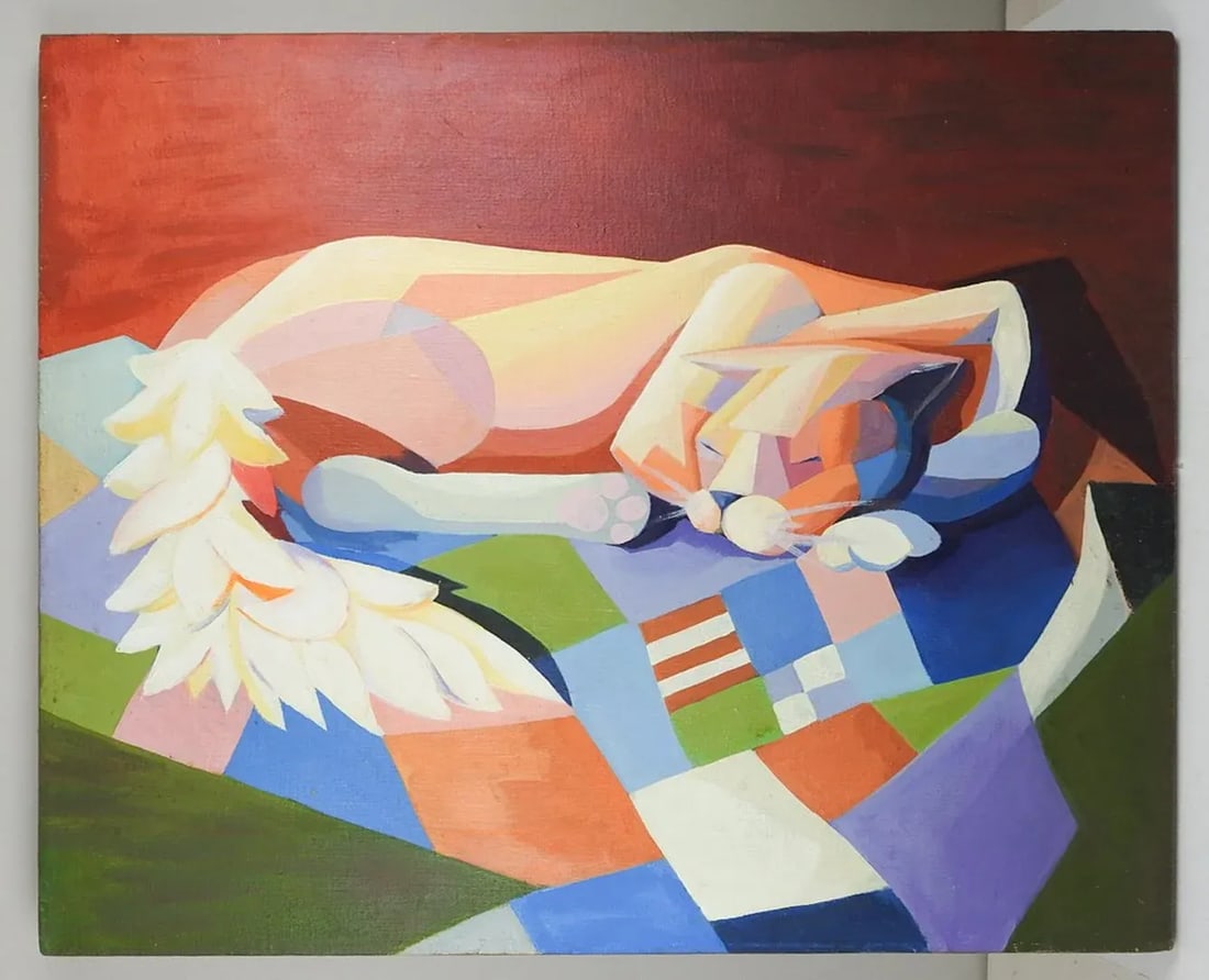 Large Contemporary Abstract Cubist Cat on Quilt Painting - 4