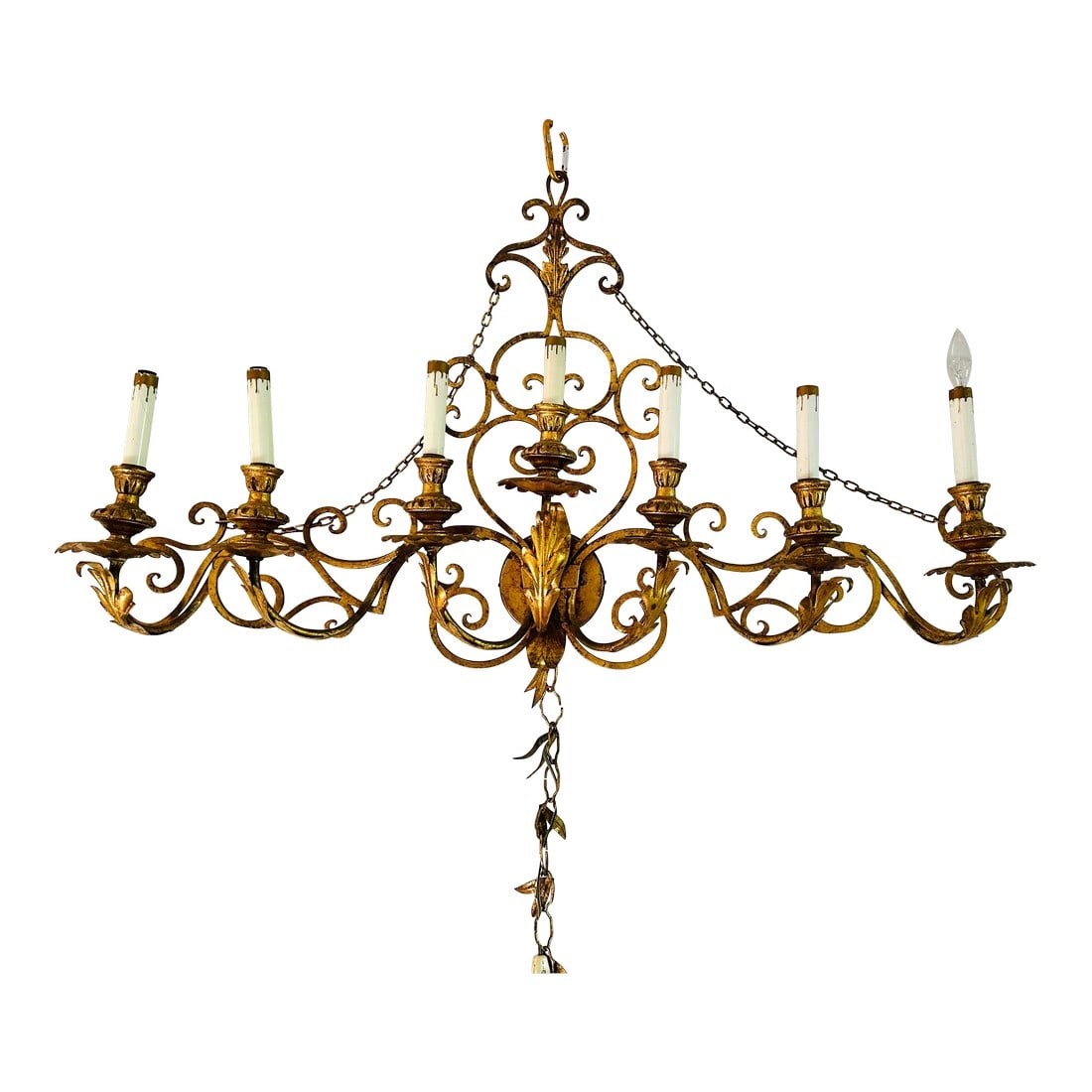 1950s Italian Tole Seven Lights Sconce: Beautiful huge electric wall sconce lamp, a tole candelabra, holds six candle sized light bulbs. This is gold or gilt finish metal with carved or pressed wood candle holders. It has beautiful 24"