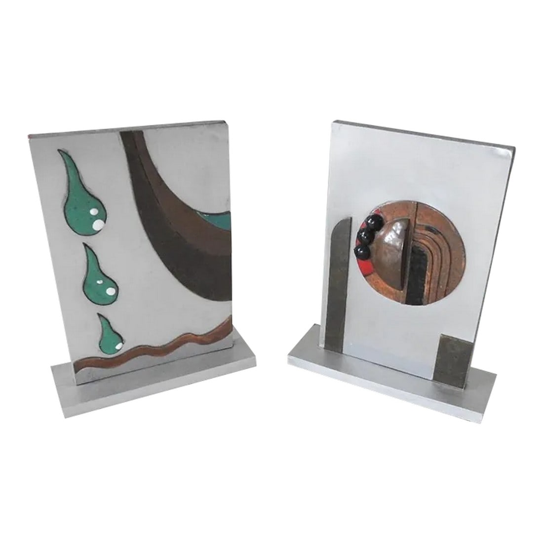 Vintage Abstract Art Deco Metal Enamel Sculpture Bookends: Vintage circa 1920's mixed metal enamel abstract artist studio design sculptures or bookends. Wood is sandwiched between aluminum with copper enamel abstract forms attached (likely glued) then