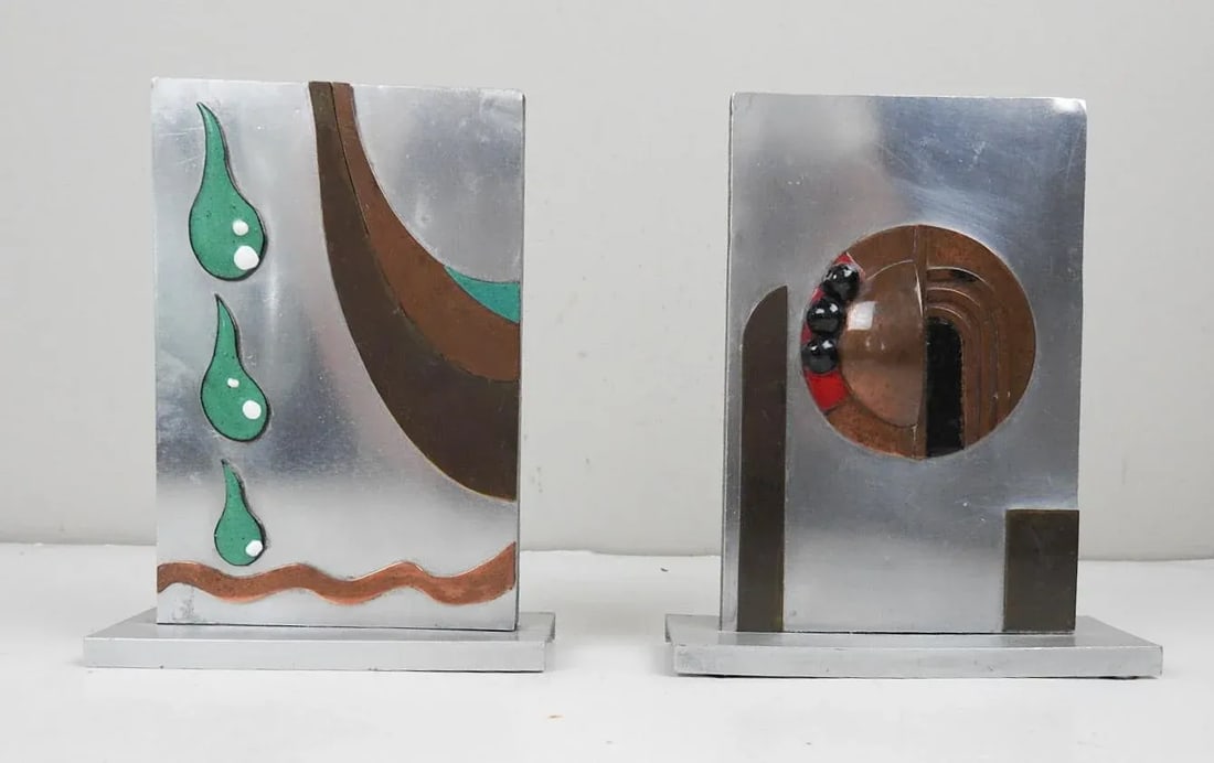 Vintage Abstract Art Deco Metal Enamel Sculpture Bookends - 4