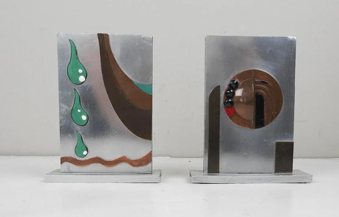 Vintage Abstract Art Deco Metal Enamel Sculpture Bookends - 5