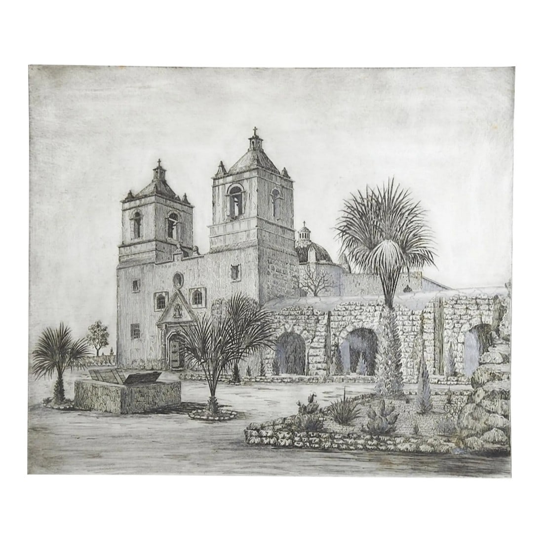 Early 20th Century Mission Conception De Acuna San Antonio Texas Etching: Vintage early 20th Century etching on paper of Mission Conception De Acuna San Antonio Texas. Unsigned, has applied pencil shading in some areas. Unframed, edge wear, some smudging along margins. 