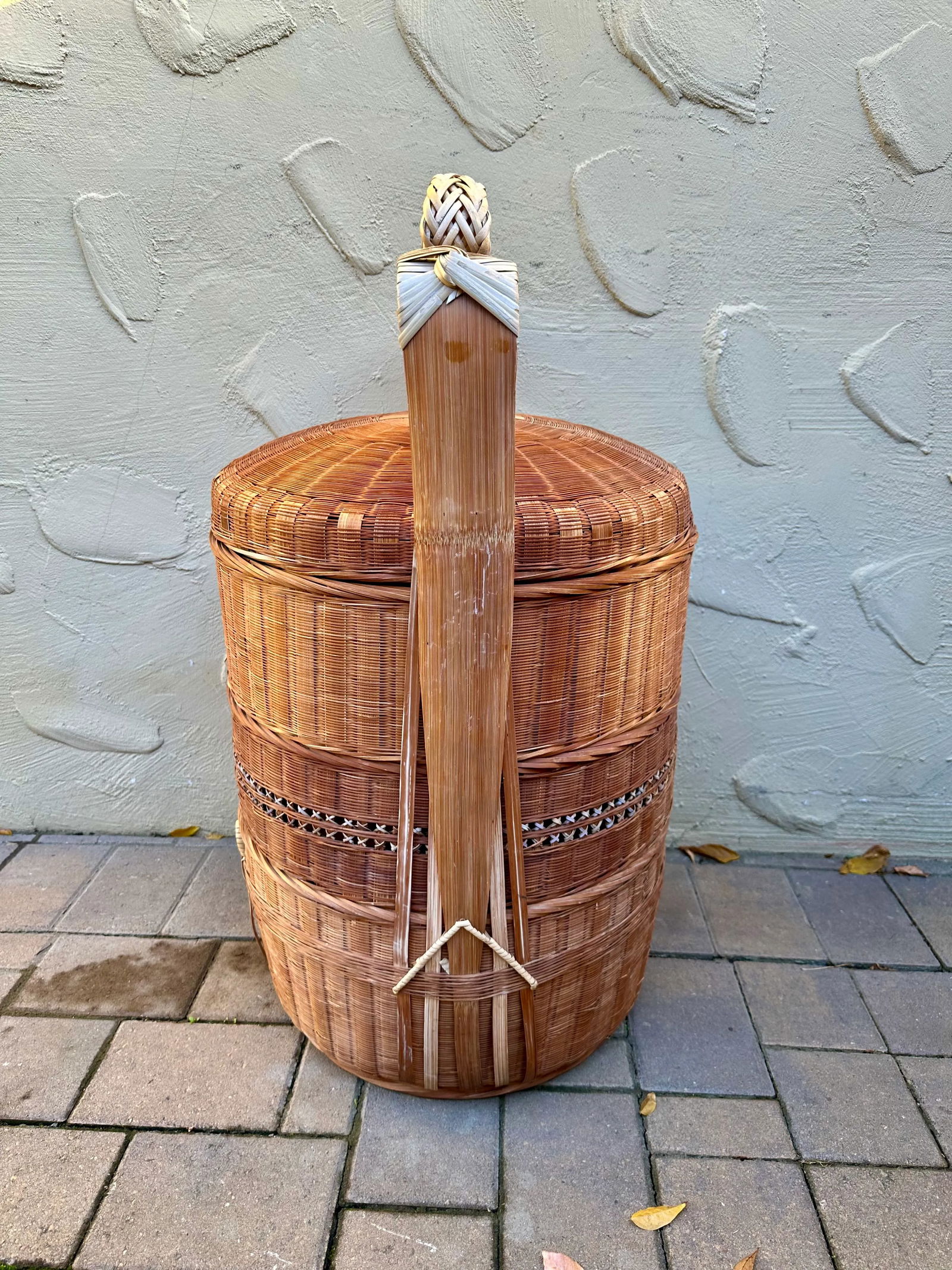 Vintage Chinese Three Tier Wood Woven Wedding Storage Basket - 2