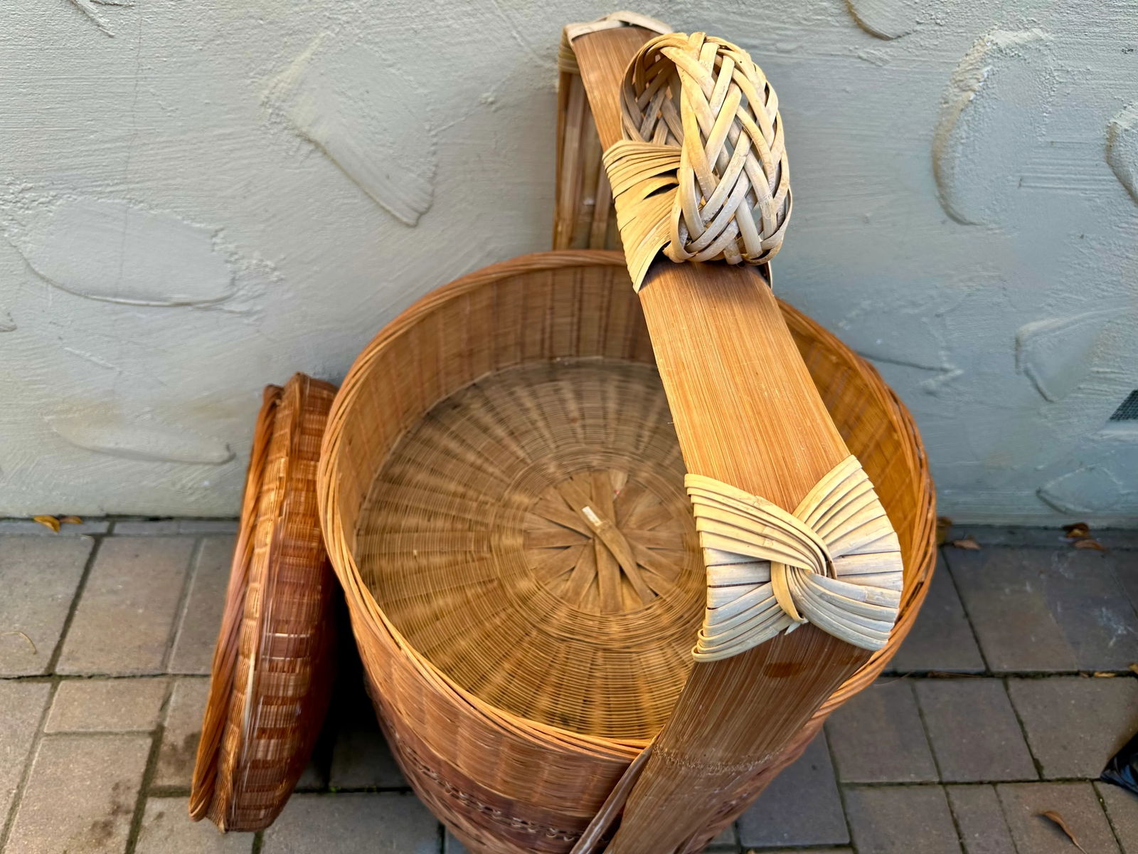 Vintage Chinese Three Tier Wood Woven Wedding Storage Basket - 5