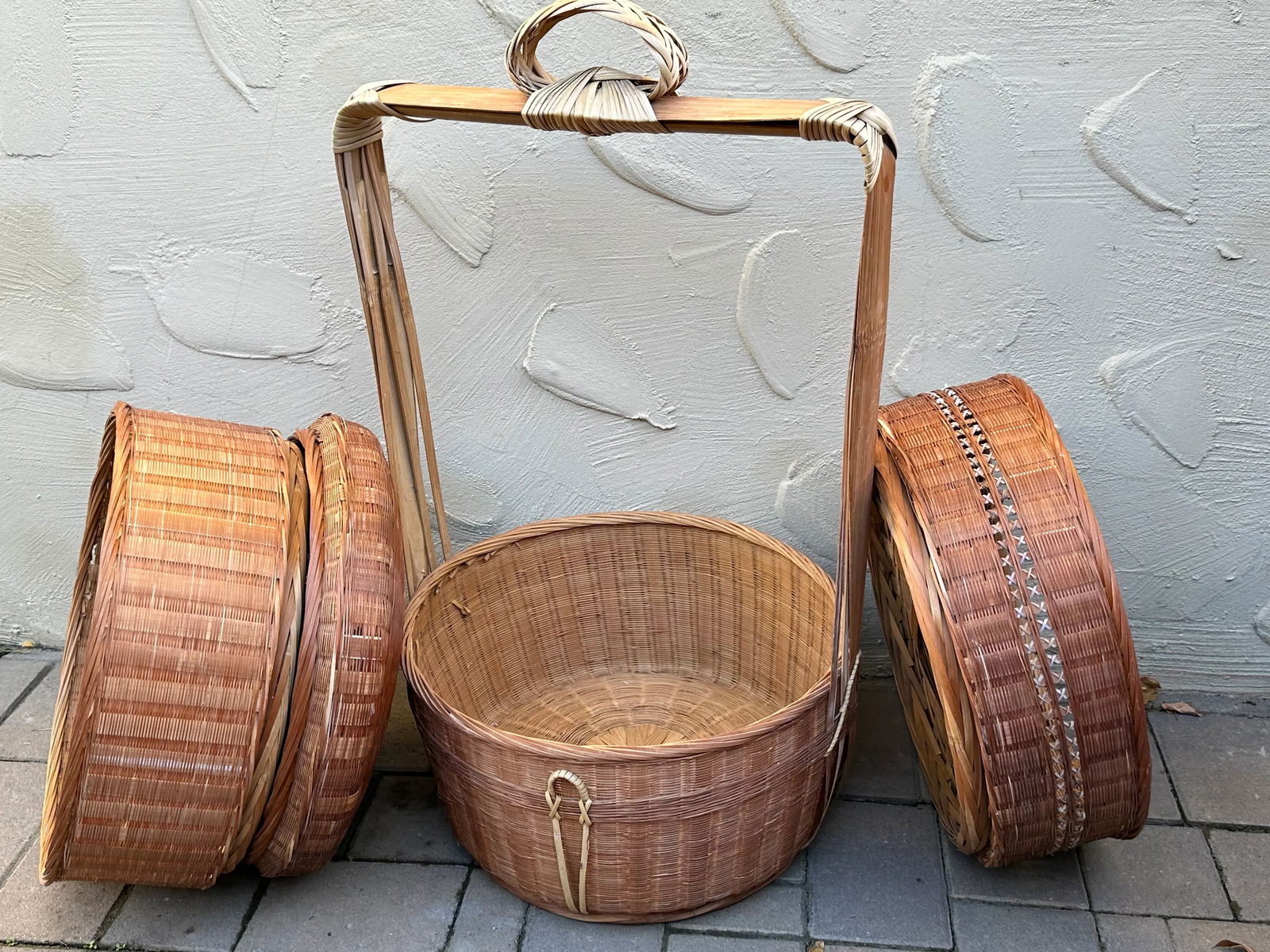 Vintage Chinese Three Tier Wood Woven Wedding Storage Basket - 9