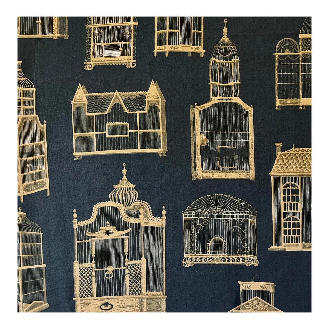 Schumacher Cage a Oiseaux Gold on Black Birdcage Themed Fabric 6 Yards Discontinued: Six full yards of "Cage a Oiseaux" by Schumacher fabric featuring an assortment of gold bird cages of various styles; from Georgian, to Queen Anne, to Pagoda and Second Empire, over a black