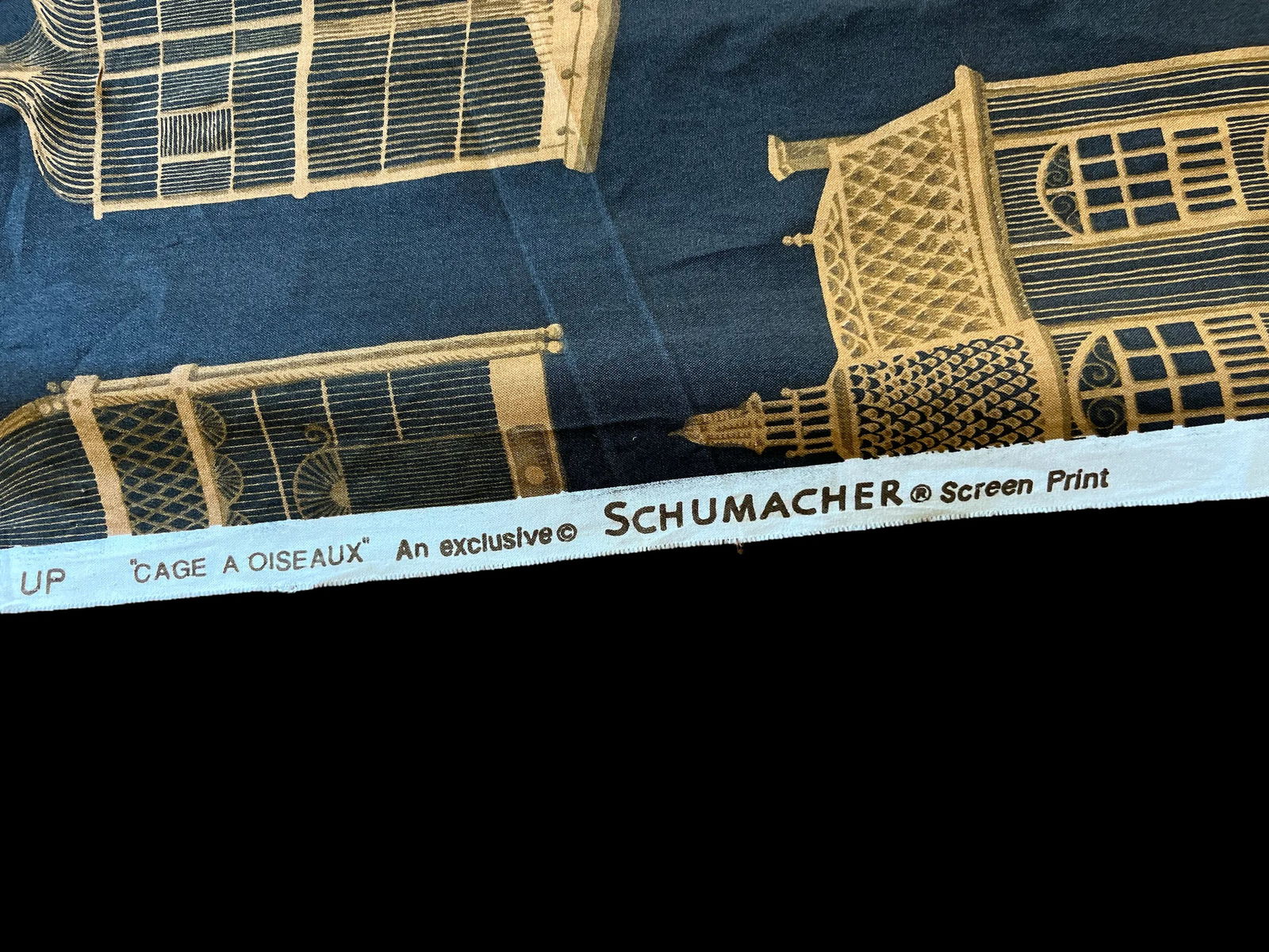 Schumacher Cage a Oiseaux Gold on Black Birdcage Themed Fabric 6 Yards Discontinued - 6