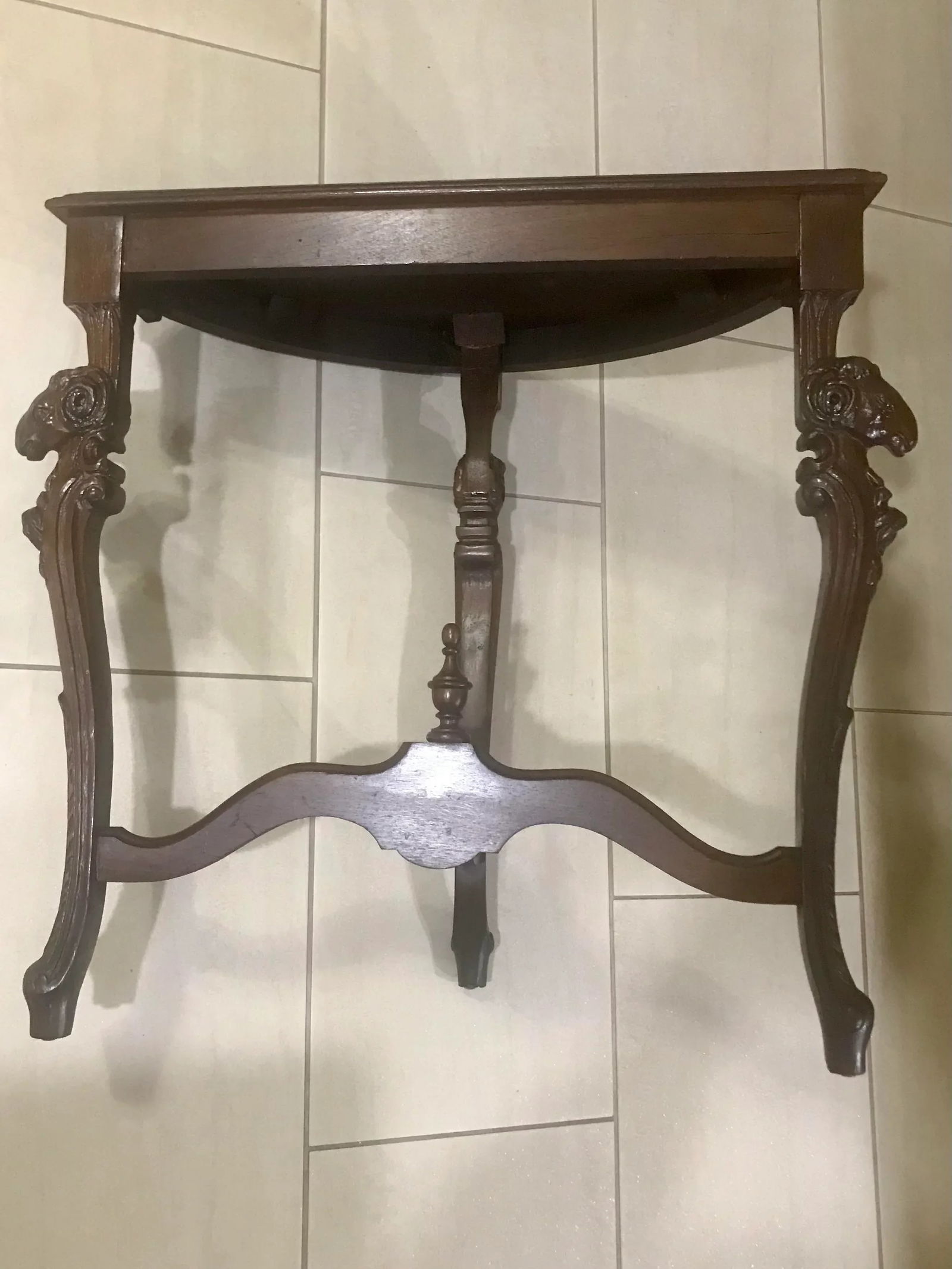 Mid 19th Century Antique Rams' Heads, Walnut Wall Table, Demi-Lune - 10