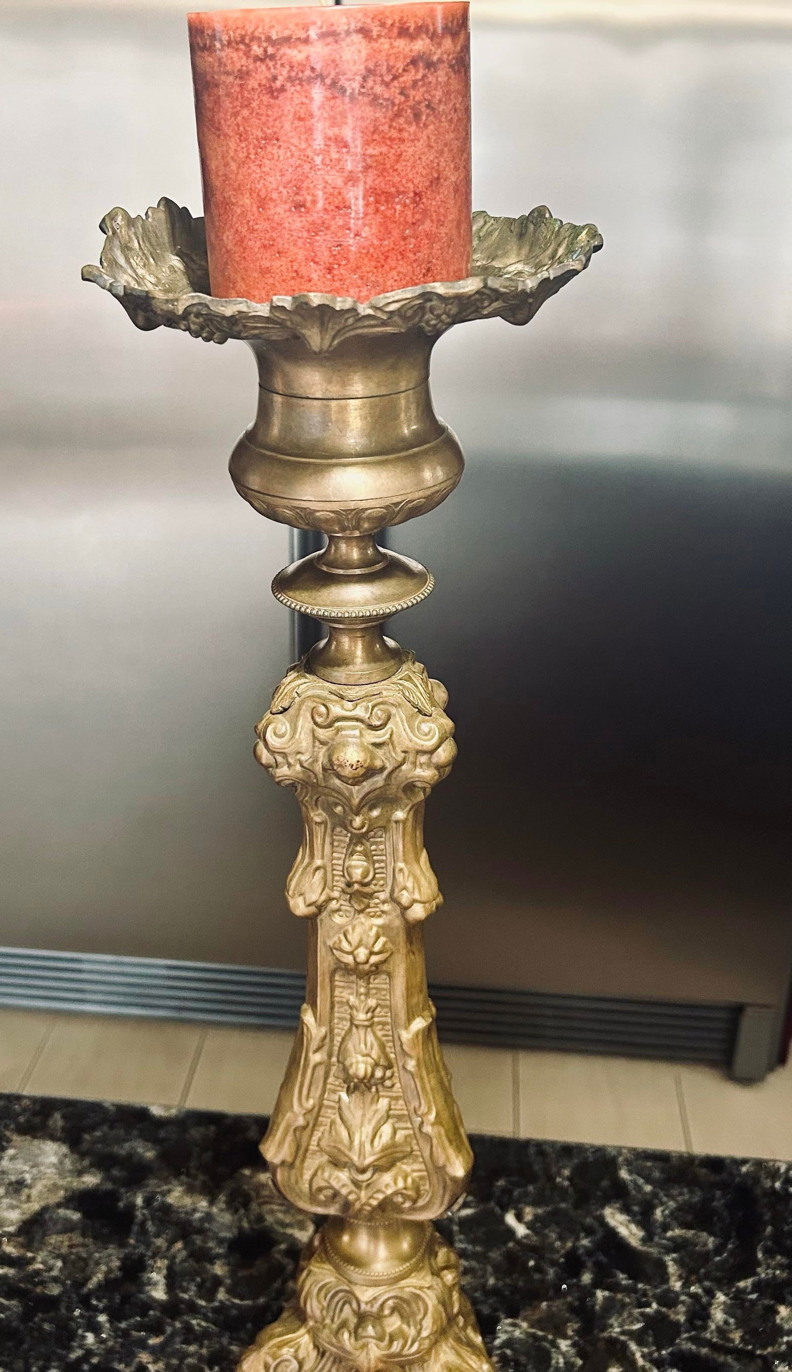 Large, Pair of Early 19th Century Brass Italian Repousse Rococo, Catholic Pricket Sticks / Floor Can - 10