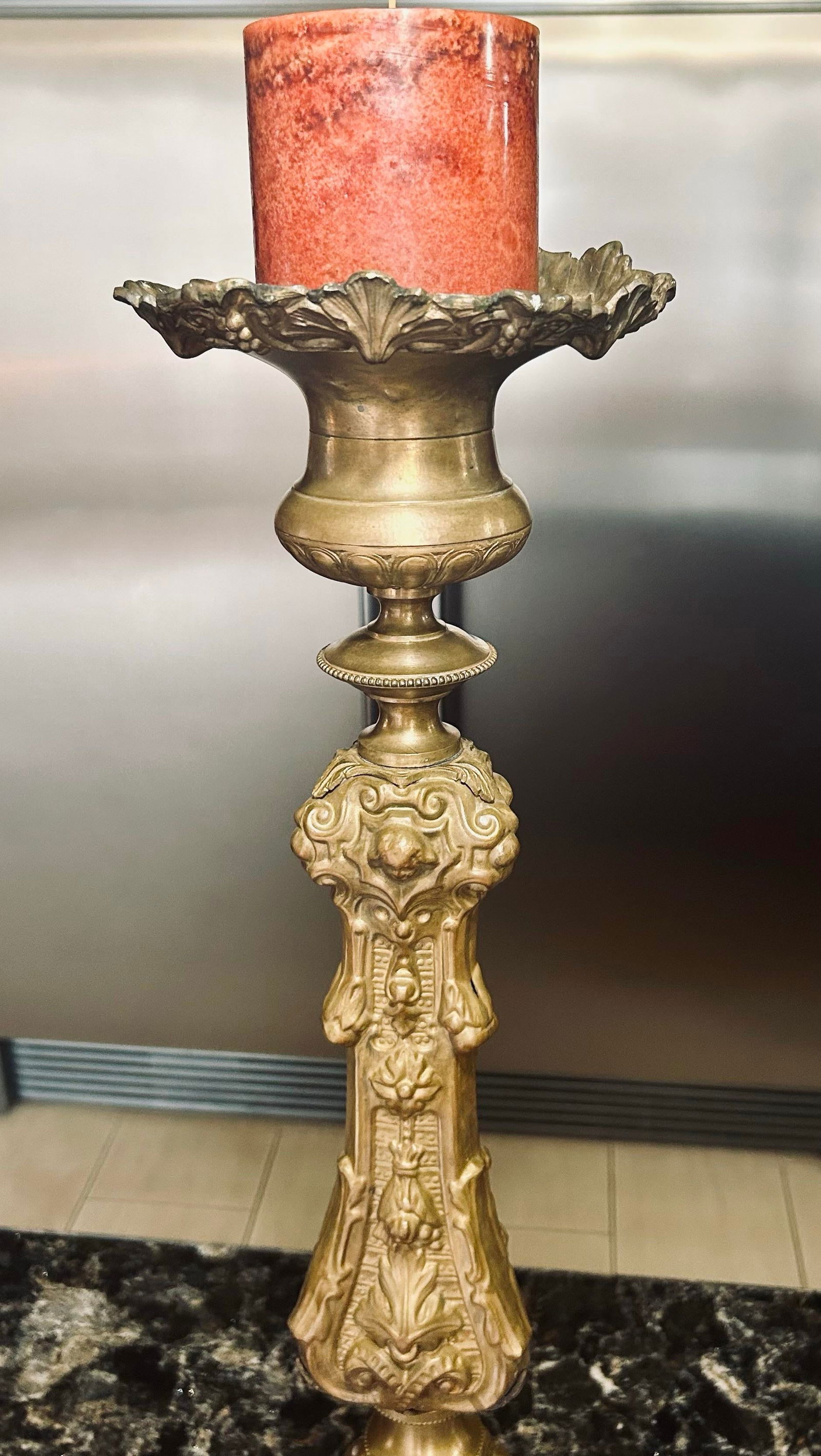 Large, Pair of Early 19th Century Brass Italian Repousse Rococo, Catholic Pricket Sticks / Floor Can - 12