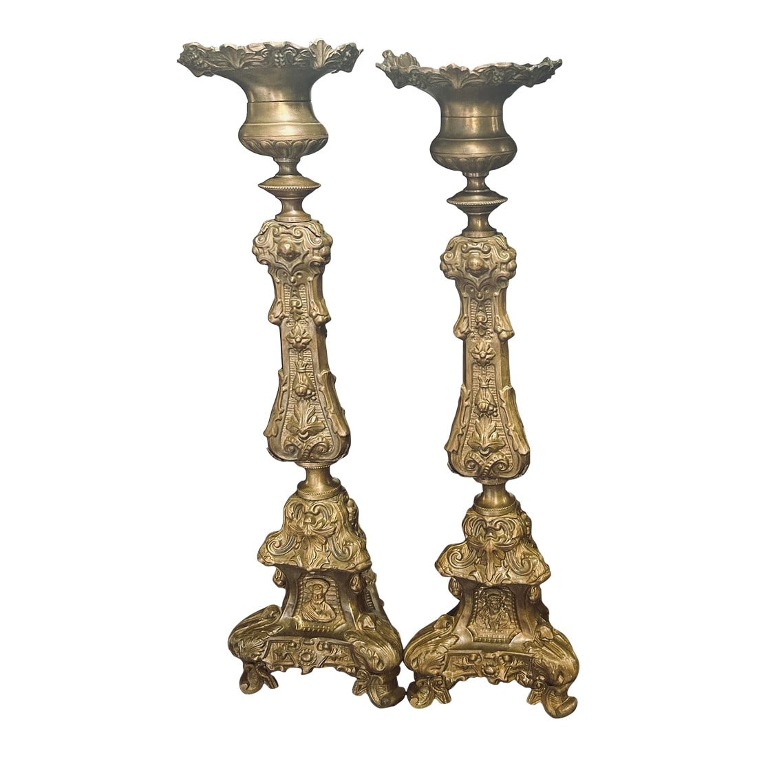 Large, Pair of Early 19th Century Brass Italian Repousse Rococo, Catholic Pricket Sticks / Floor Can (1 of 12)