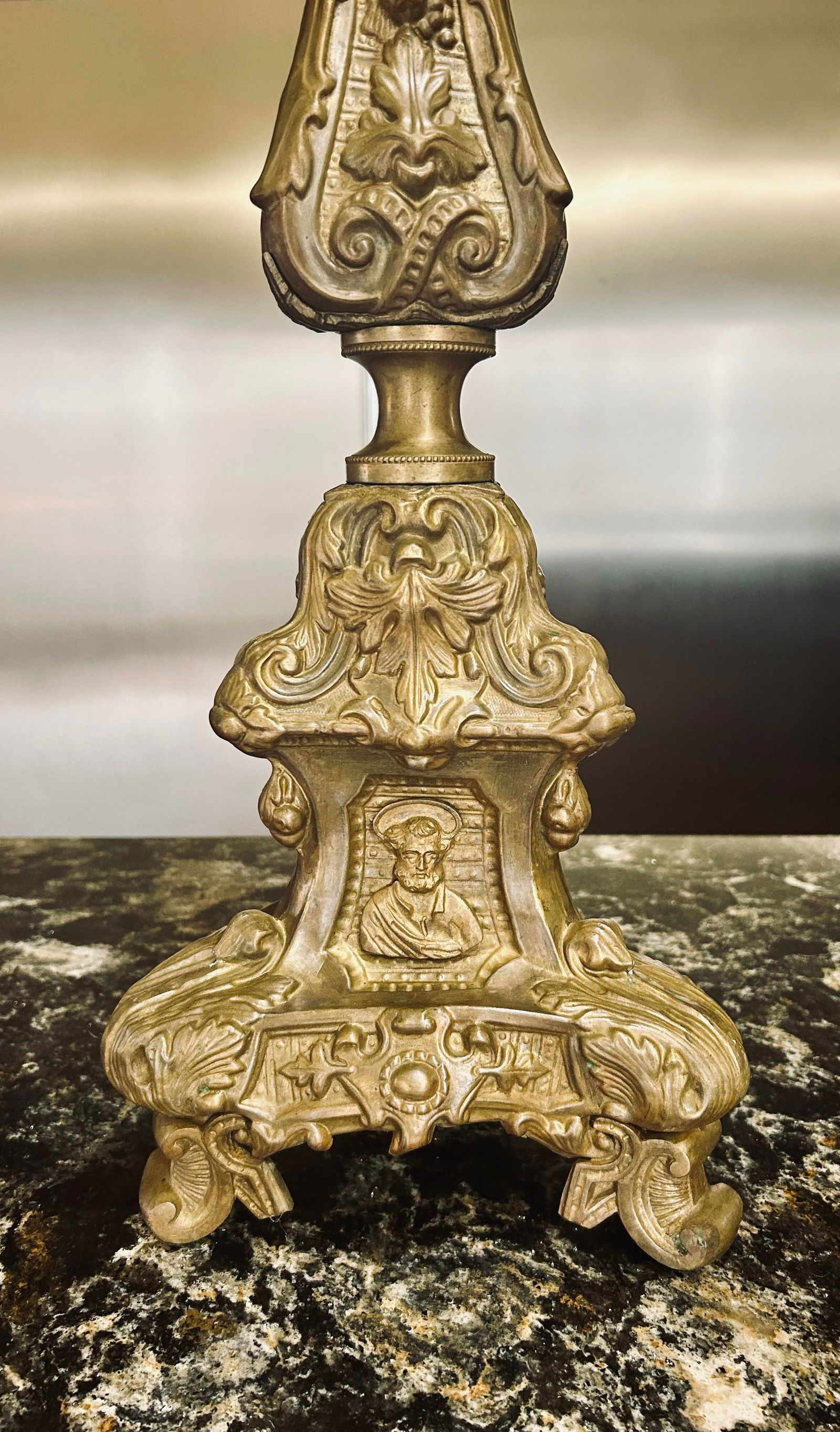 Large, Pair of Early 19th Century Brass Italian Repousse Rococo, Catholic Pricket Sticks / Floor Can - 3