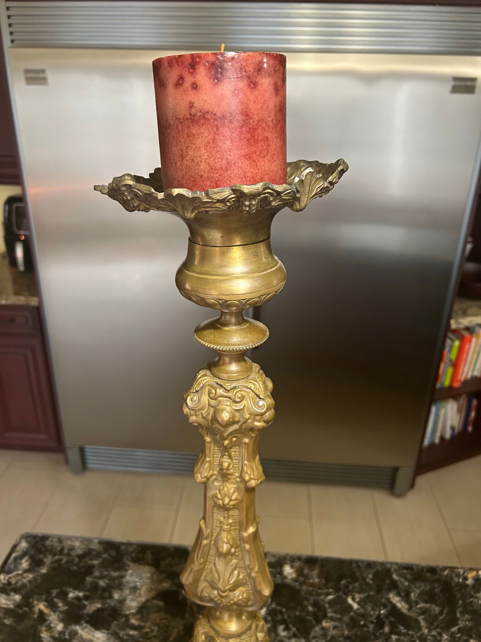 Large, Pair of Early 19th Century Brass Italian Repousse Rococo, Catholic Pricket Sticks / Floor Can - 4