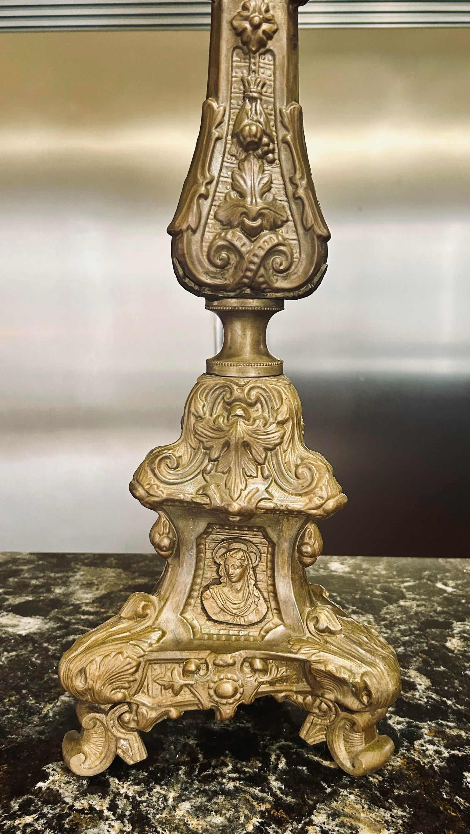 Large, Pair of Early 19th Century Brass Italian Repousse Rococo, Catholic Pricket Sticks / Floor Can - 5