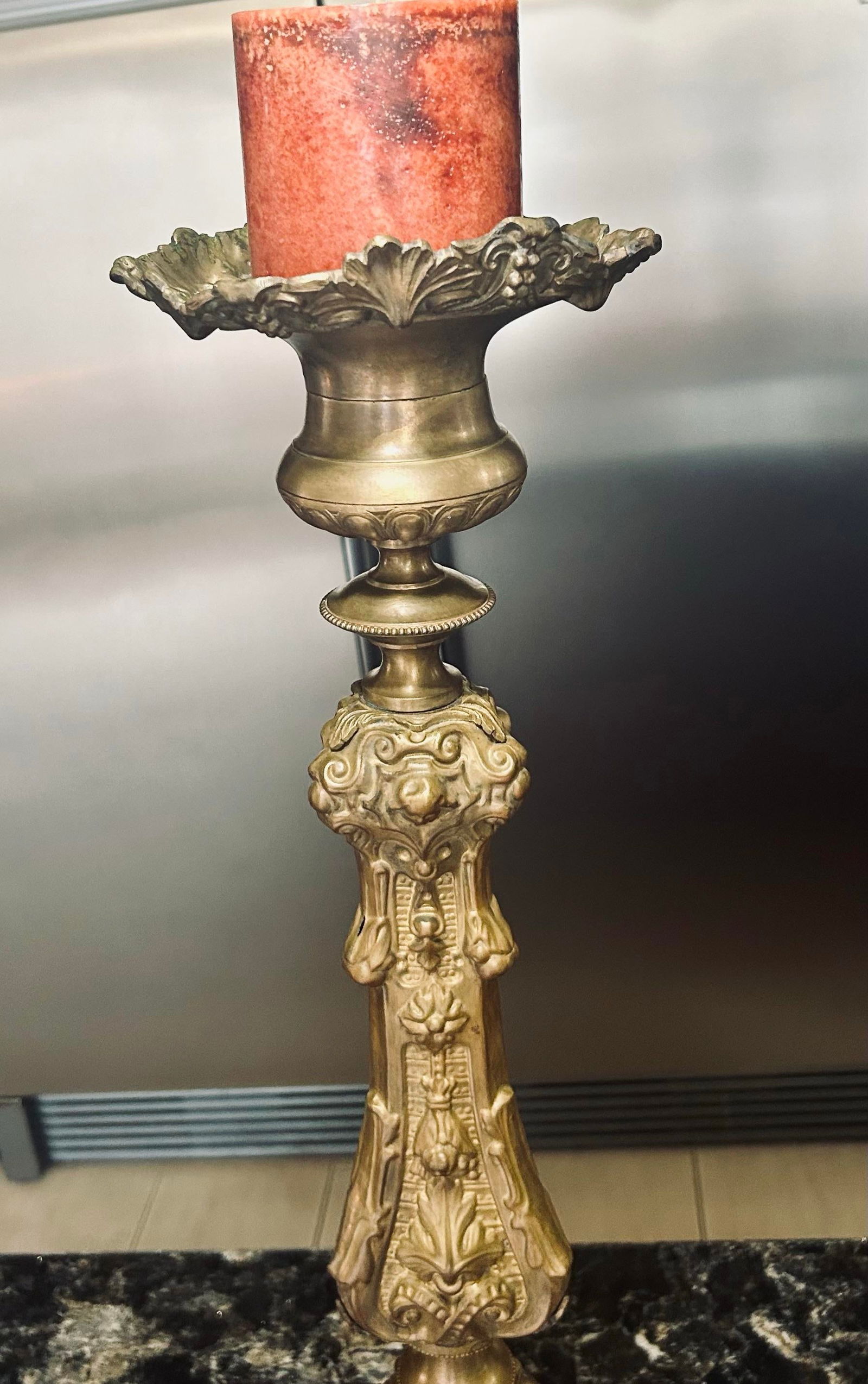 Large, Pair of Early 19th Century Brass Italian Repousse Rococo, Catholic Pricket Sticks / Floor Can - 6