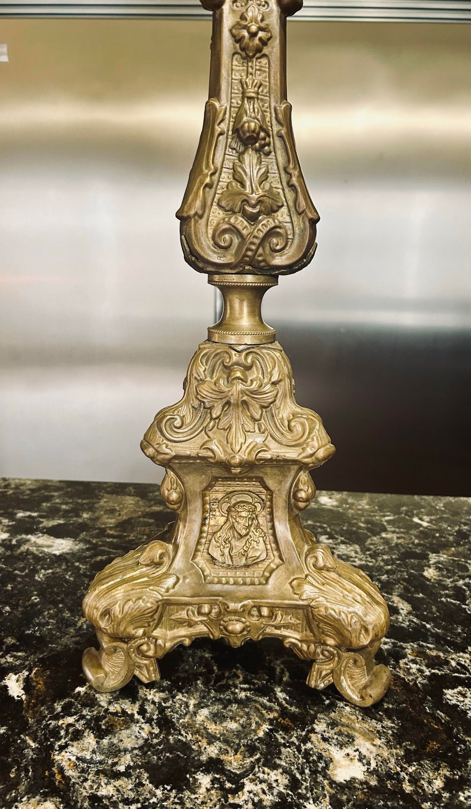 Large, Pair of Early 19th Century Brass Italian Repousse Rococo, Catholic Pricket Sticks / Floor Can - 8