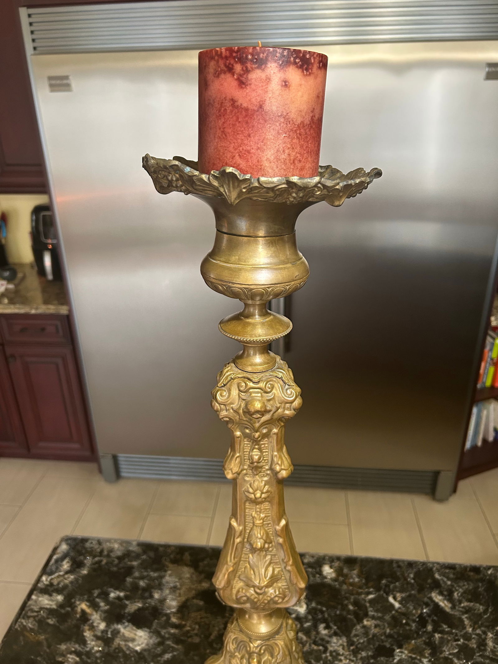 Large, Pair of Early 19th Century Brass Italian Repousse Rococo, Catholic Pricket Sticks / Floor Can - 9