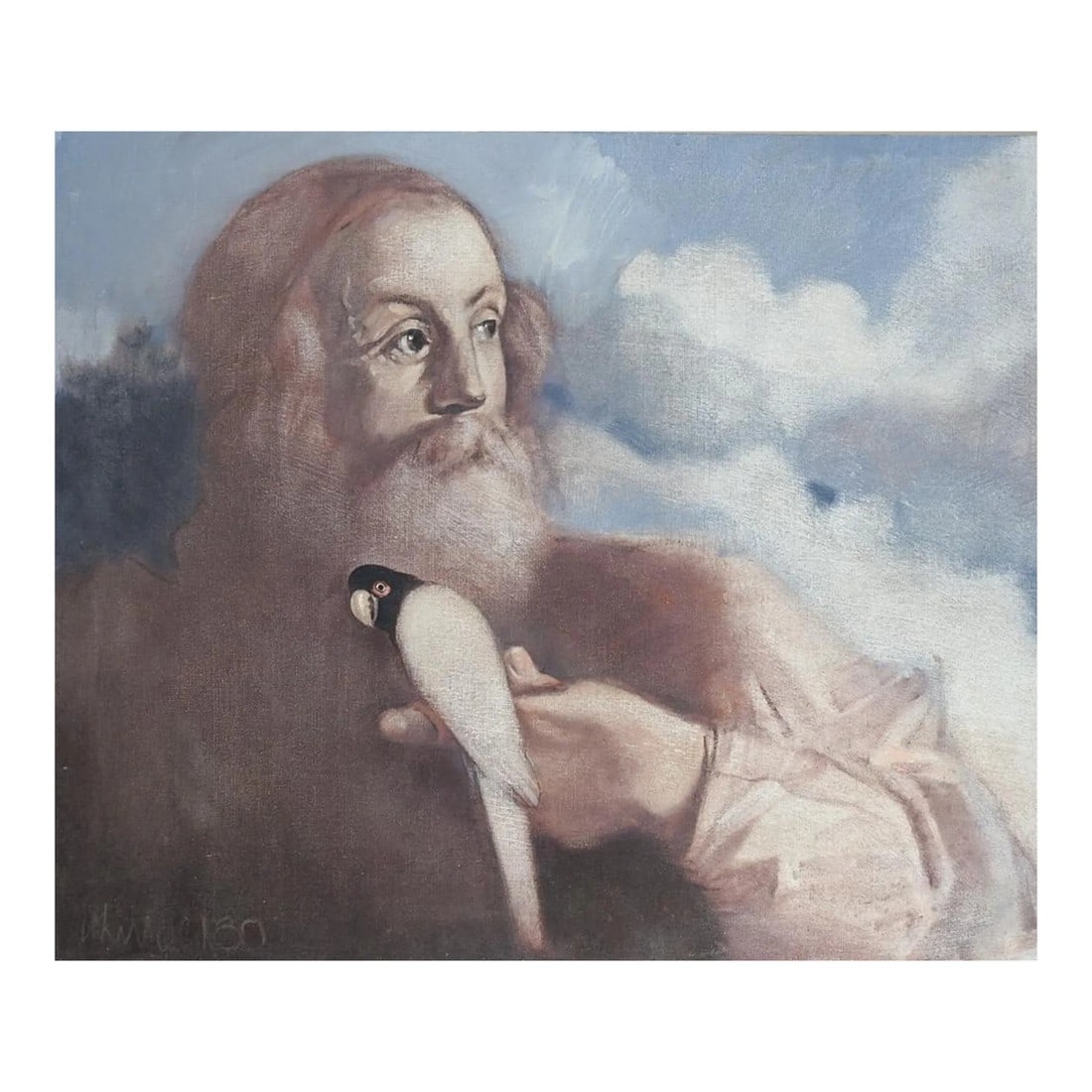 Vintage Mid 20th Century Man and Parrot Portrait Painting: Vintage mid 20th century oil on canvas board painting of bearded man with a parrot. Signed illegibly lower left corner. Unframed, minor edge wear. Condition: Alterations: Original Condition