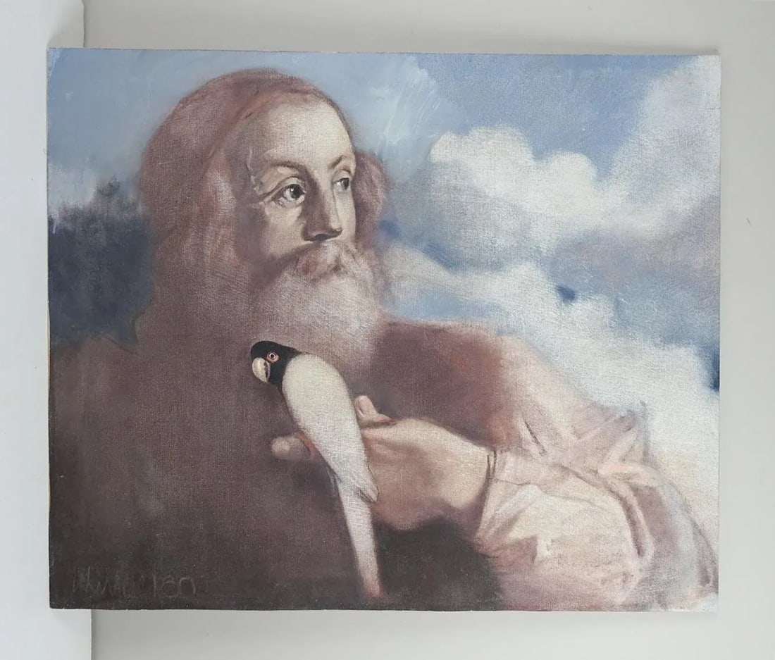 Vintage Mid 20th Century Man and Parrot Portrait Painting - 4