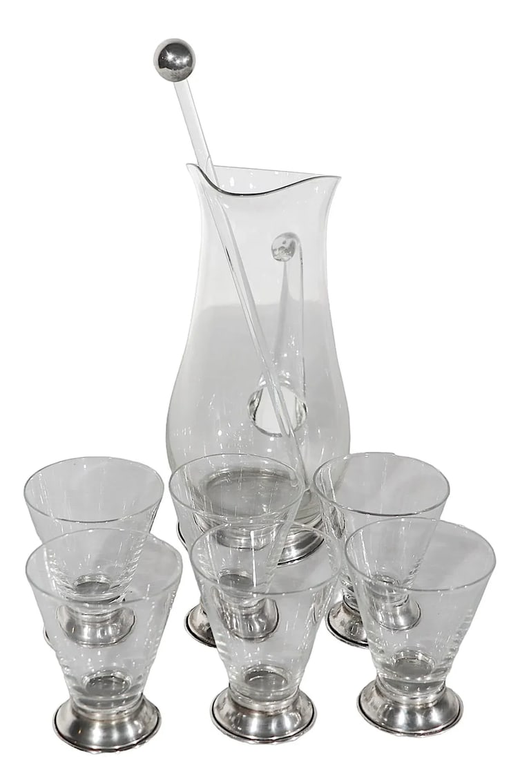 8 Pc. Wallace Sterling and Glass Mid Century Cocktail Pitcher Set - 7