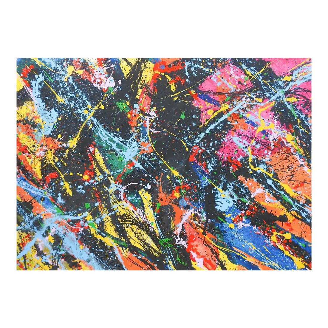 Abstract Style of Jackson Pollock Magenta Blue & Black Painting on Paper: Colorful Abstract Expressionist acrylic painting on heavy paper by Jerry Adams (20th - 21st century) American. In blue, magenta, yellow and black Signed and dated 1999 lower right . Unframed, excellen