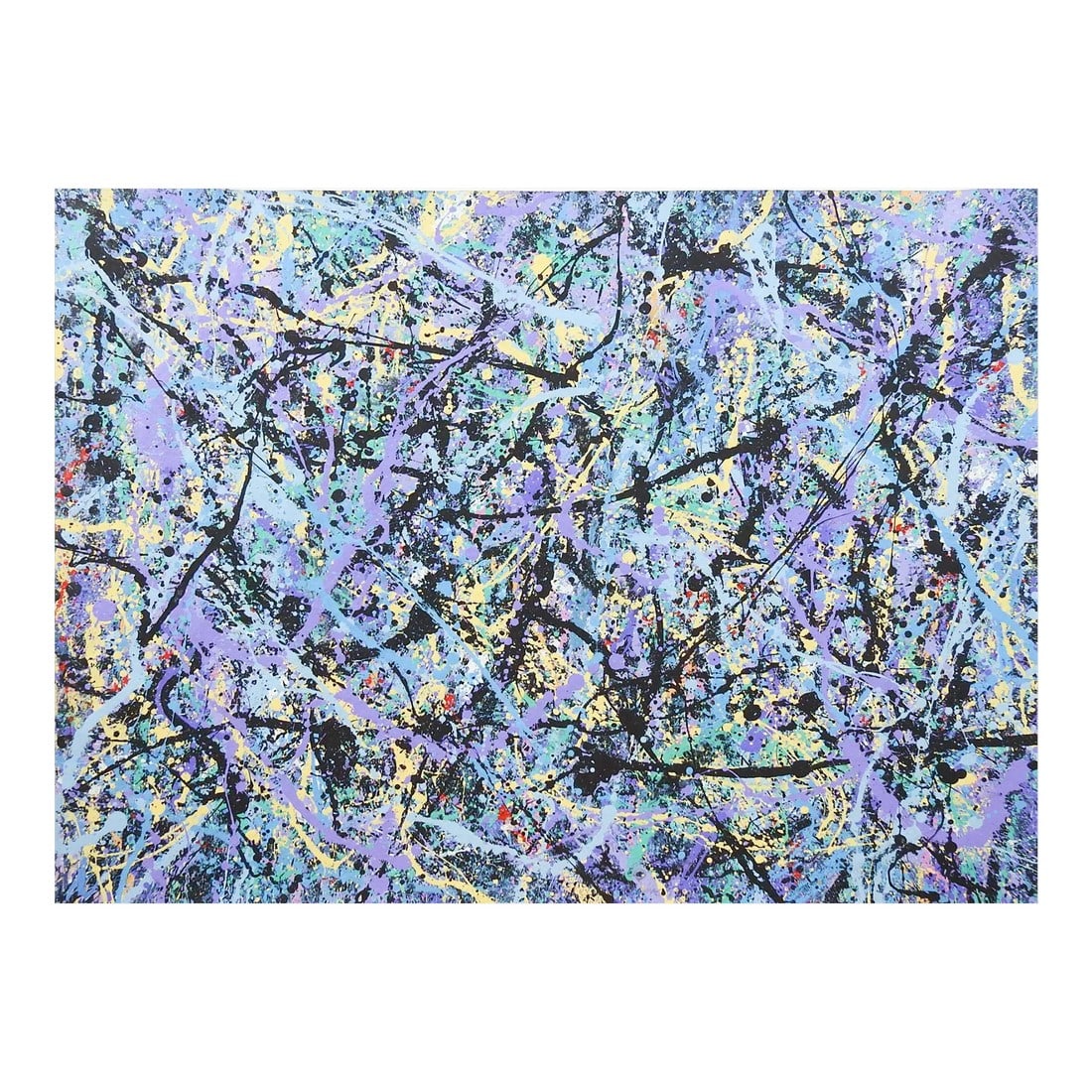 Abstract Expressionist Blue, Purple & Black Painting Style of Jackson Pollock: Colorful Abstract Expressionist acrylic painting on heavy paper. In blue, purple, yellow and black by Jerry Adams (20th - 21st century) American. Signed and dated 1999 lower center . Unframed, excelle