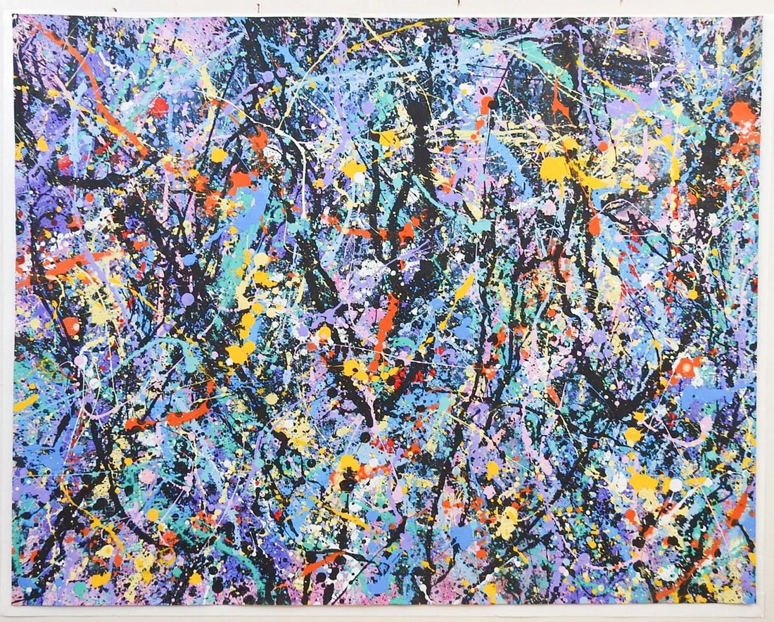 Abstract Expressionist Turquoise, Blue & Black Painting Style of Jackson Pollock - 3