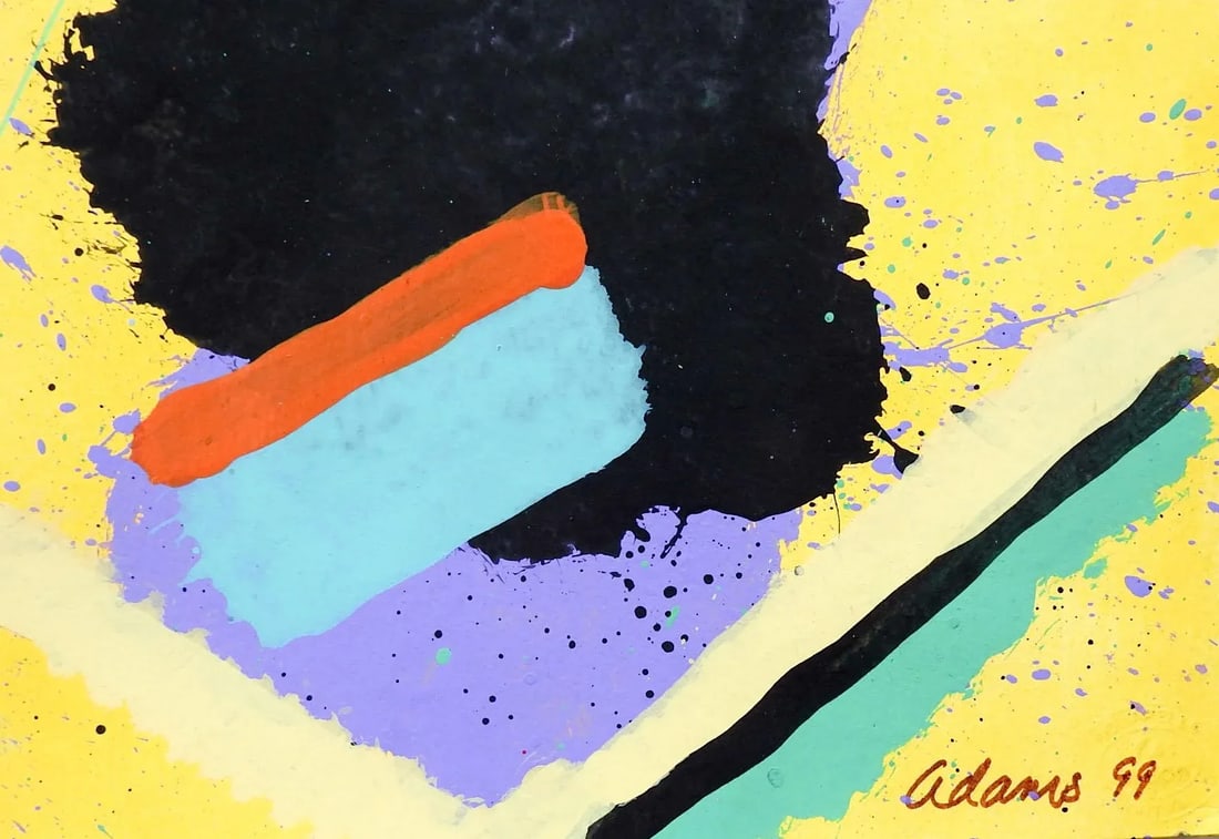 Vintage Abstract Expressionist Jerry Adams Painting on Paper in Yellow Blue Black - 2