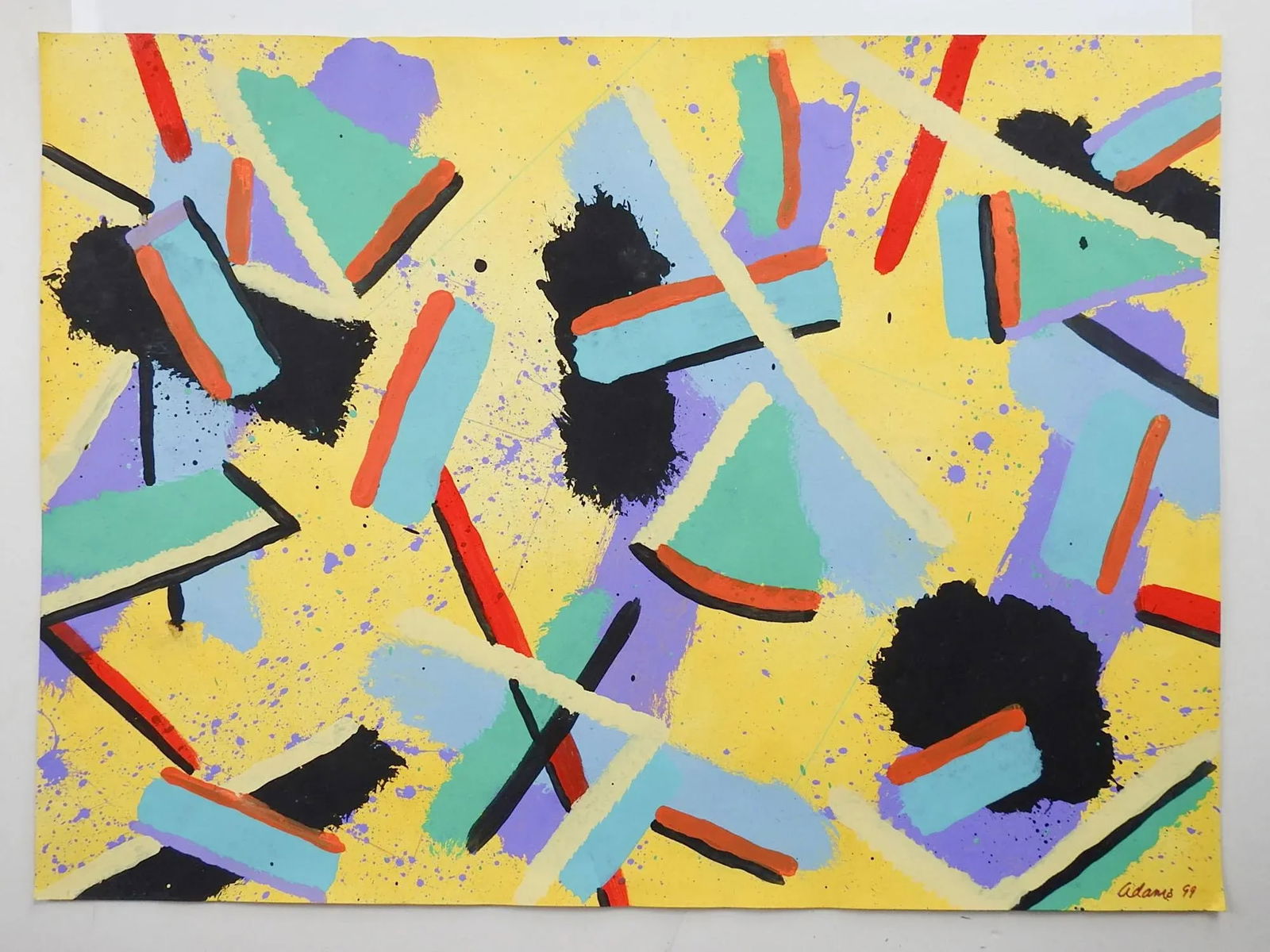 Vintage Abstract Expressionist Jerry Adams Painting on Paper in Yellow Blue Black - 3