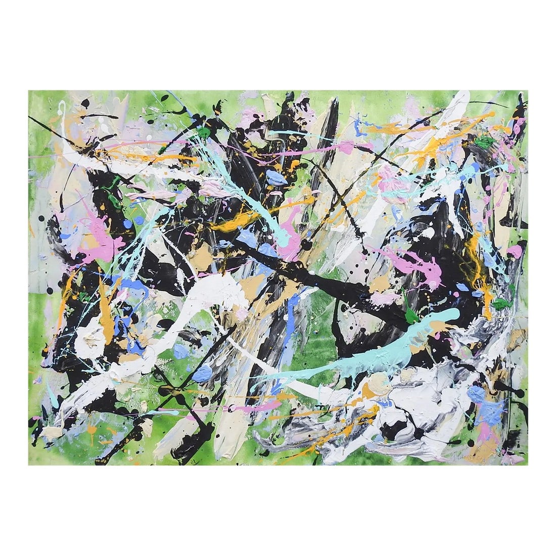 Abstract Style of Jackson Pollock Painting on Paper in Green Pink White Black: Abstract Expressionist painting on heavy paper, heavy paint application in spots. In pink, black, white, red, blue and green by Jerry Adams (20th - 21st century) American. Signed and dated 2001 lower