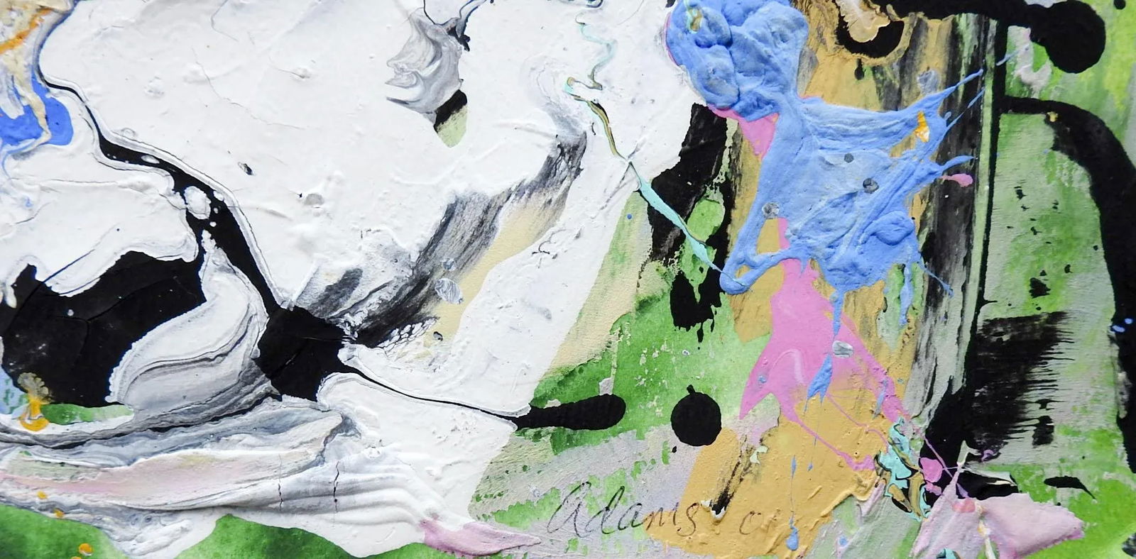 Abstract Style of Jackson Pollock Painting on Paper in Green Pink White Black - 2