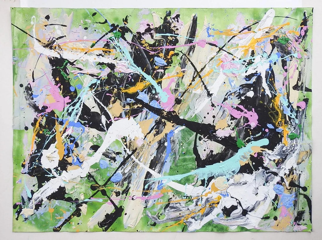 Abstract Style of Jackson Pollock Painting on Paper in Green Pink White Black - 3