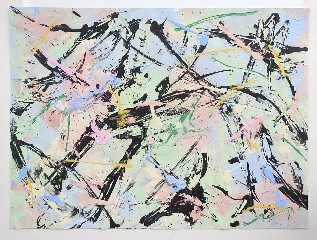 Abstract Style of Jackson Pollock Painting in Pink Blue & Black - 3